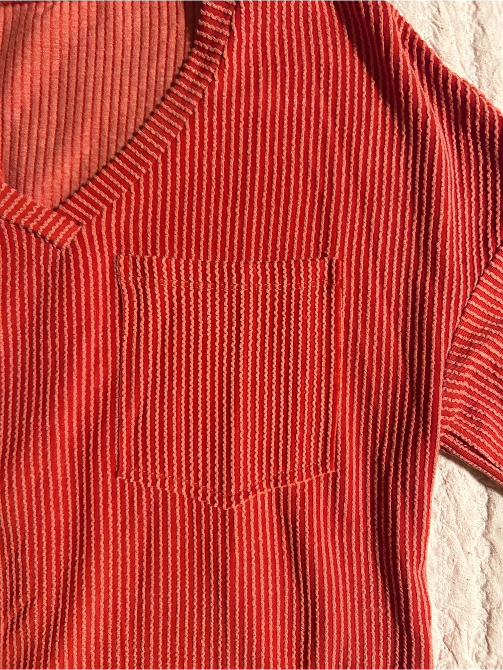 Women’s Red or Orange  Striped V-Neck Short Sleeve Pocket Tee